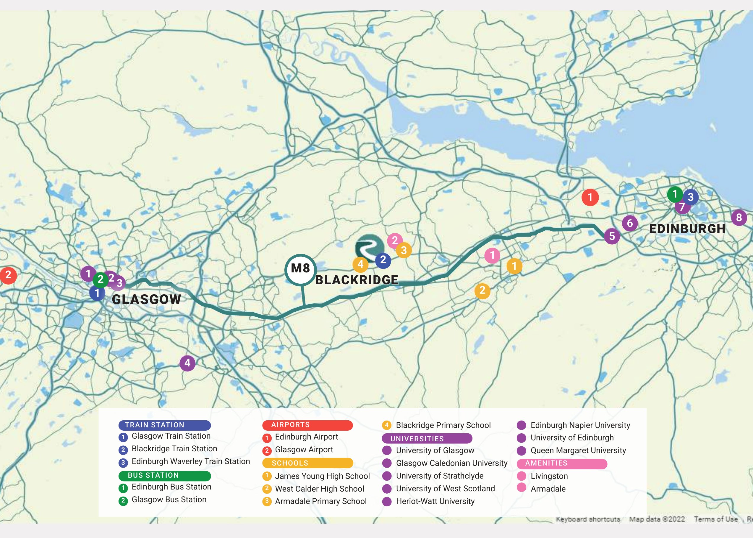 Location map showing Redburn Meadows between Edinburgh and Glasgow