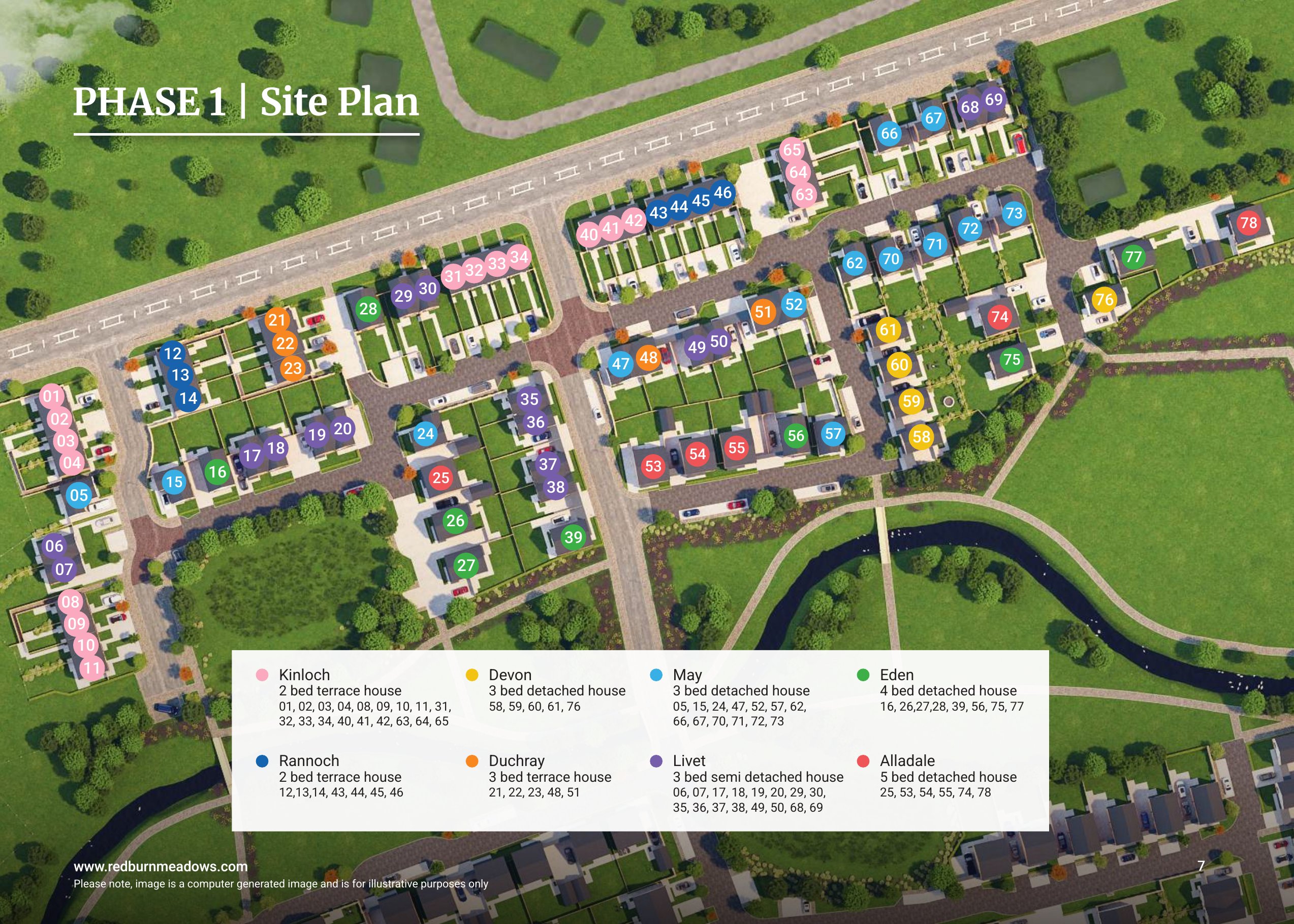 Redburn Meadows Phase 1 site plan with plot numbers